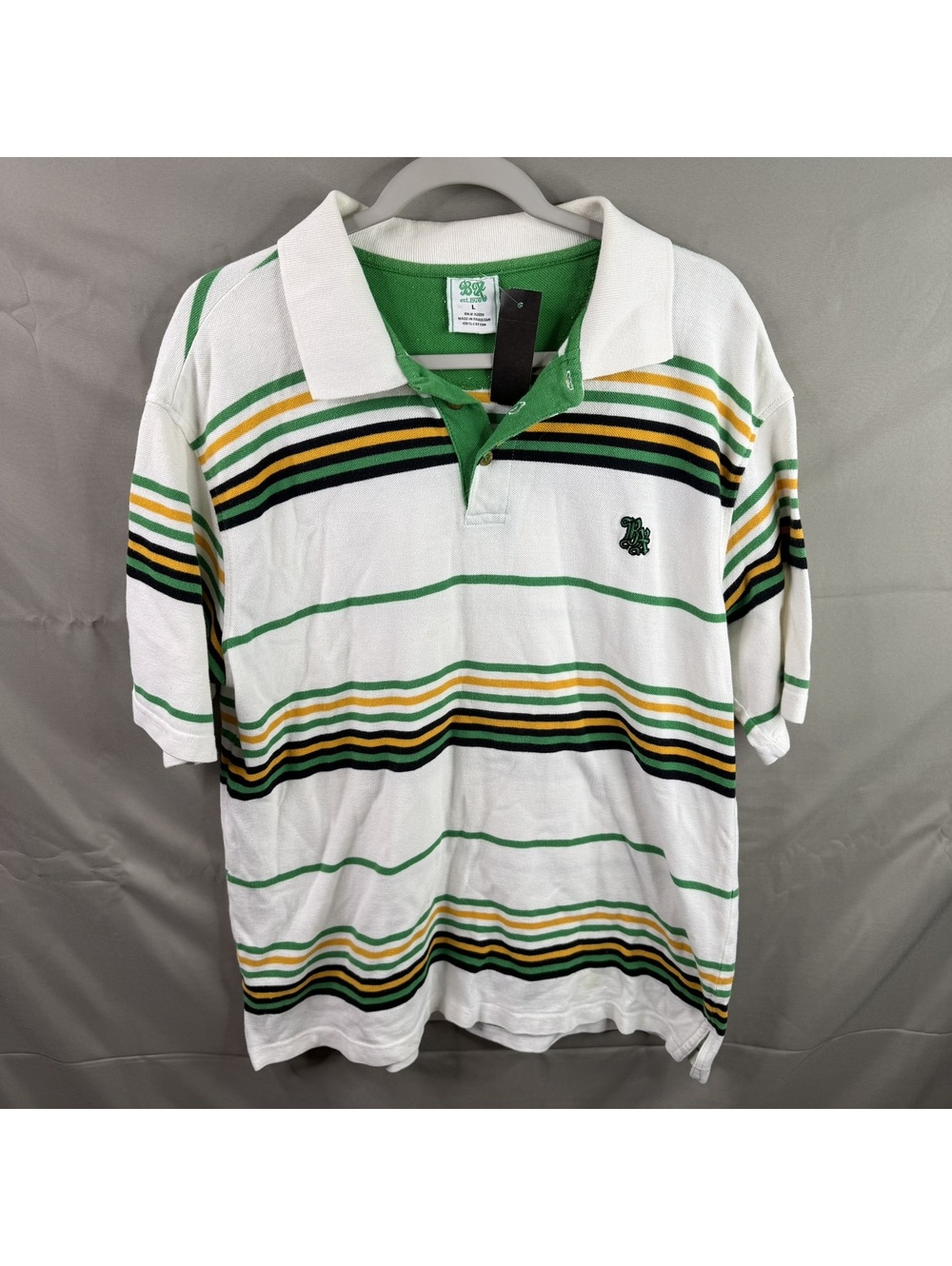 Brooklyn Xpress Mens L Striped Short Sleeve Polo Shirt Green Gold Black